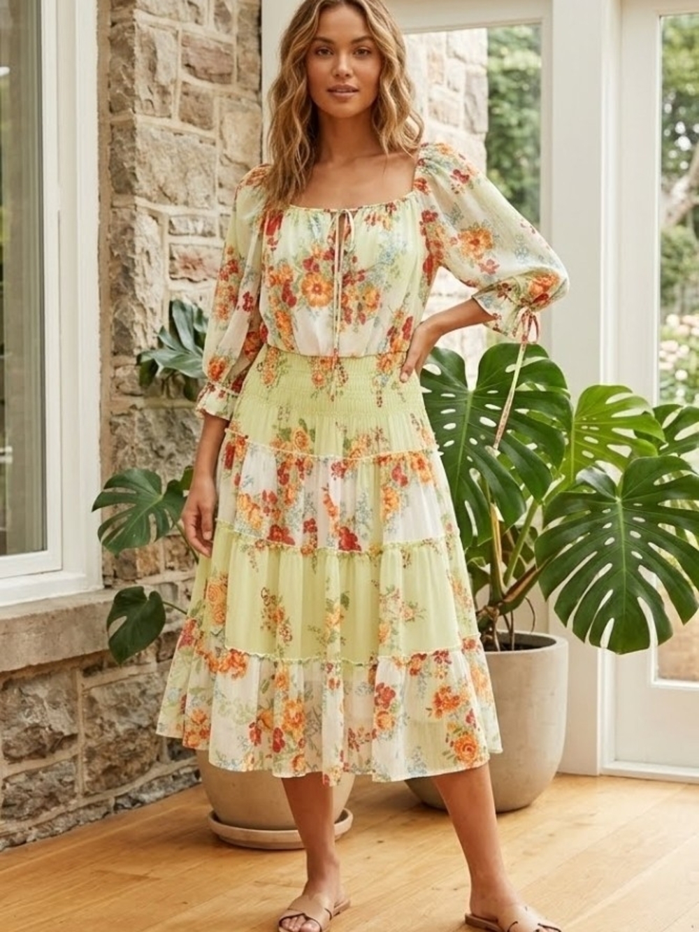 Floral Tiered Midi Dress Light Green Fairycore Orange‎ Tropical Beach Size 1x